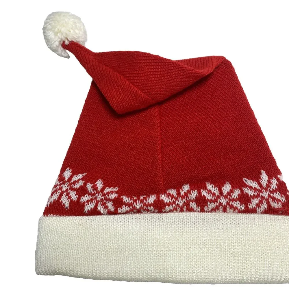2 VTG NOS‎ Santa Christmas Cap Hat Stocking Red Knit Snowflakes Pom Pom Sweater